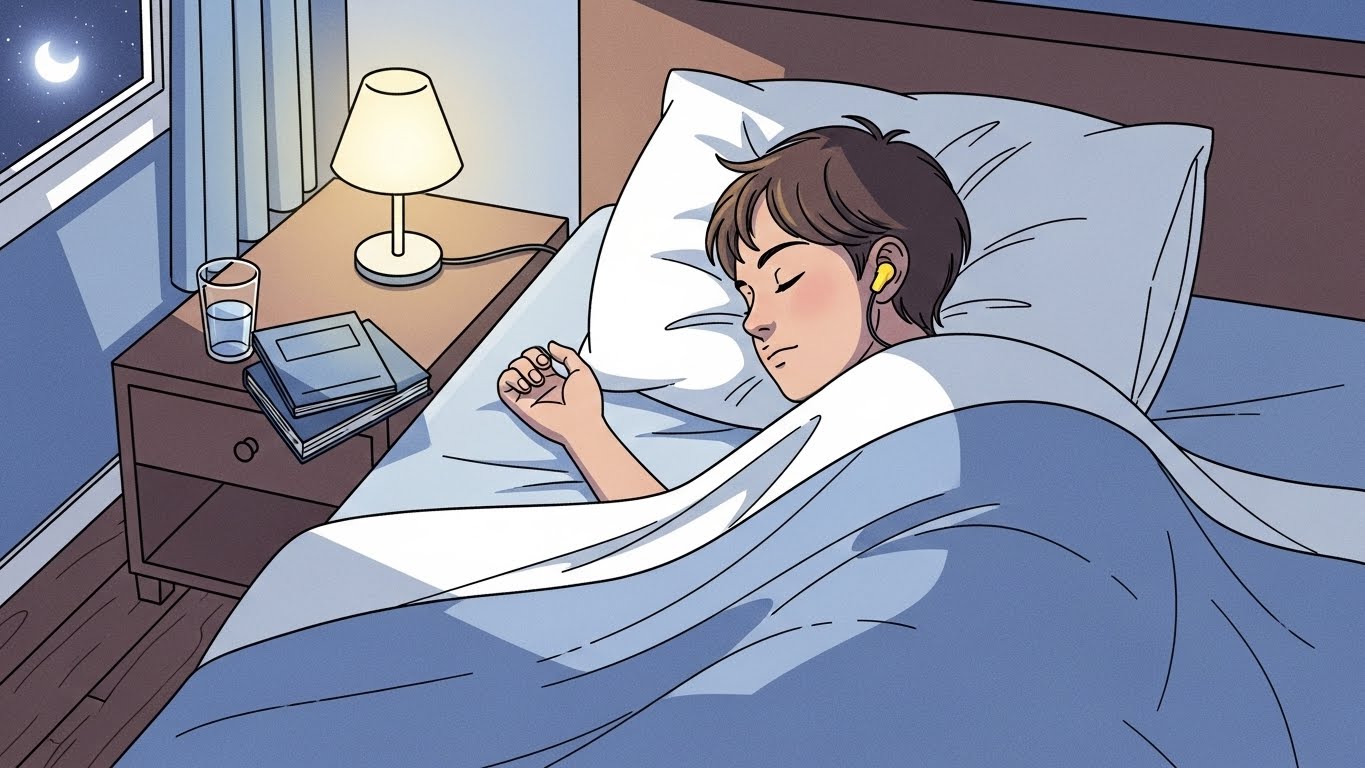 Person sleeping with earplugs to block noise and support deeper, uninterrupted sleep.