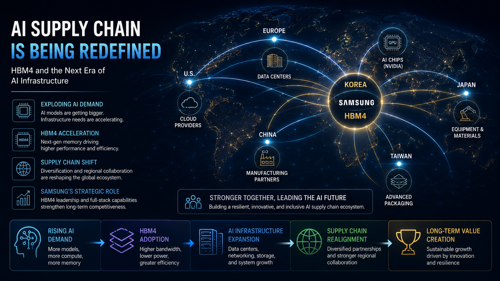 Global AI supply chain map centered on Samsung HBM4 technology, illustrating connections between AI chips, cloud providers, data centers, and advanced manufacturing partners.