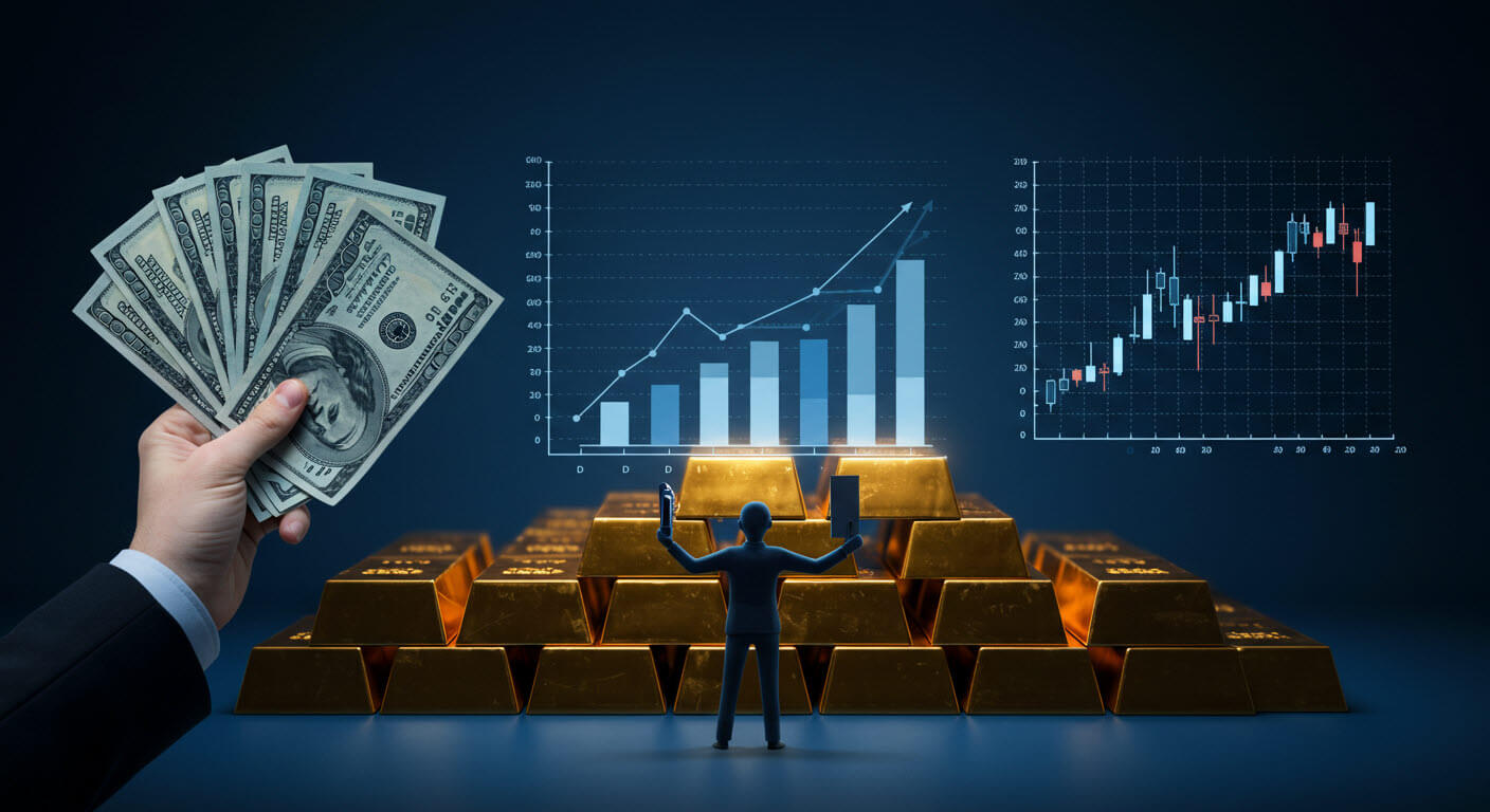 달러 와 금과 사람과 그래프가 같이 있는 삽화