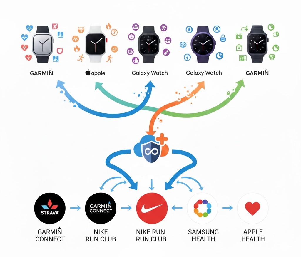 가민, 애플워치, 갤럭시워치 등 스마트워치 데이터를 가민 커넥트, 스트라바, 나이키 런 클럽, 삼성 헬스, 애플 헬스 앱과 통합 동기화하는 과정을 나타낸 인포그래픽형 픽토그램 이미지입니다.