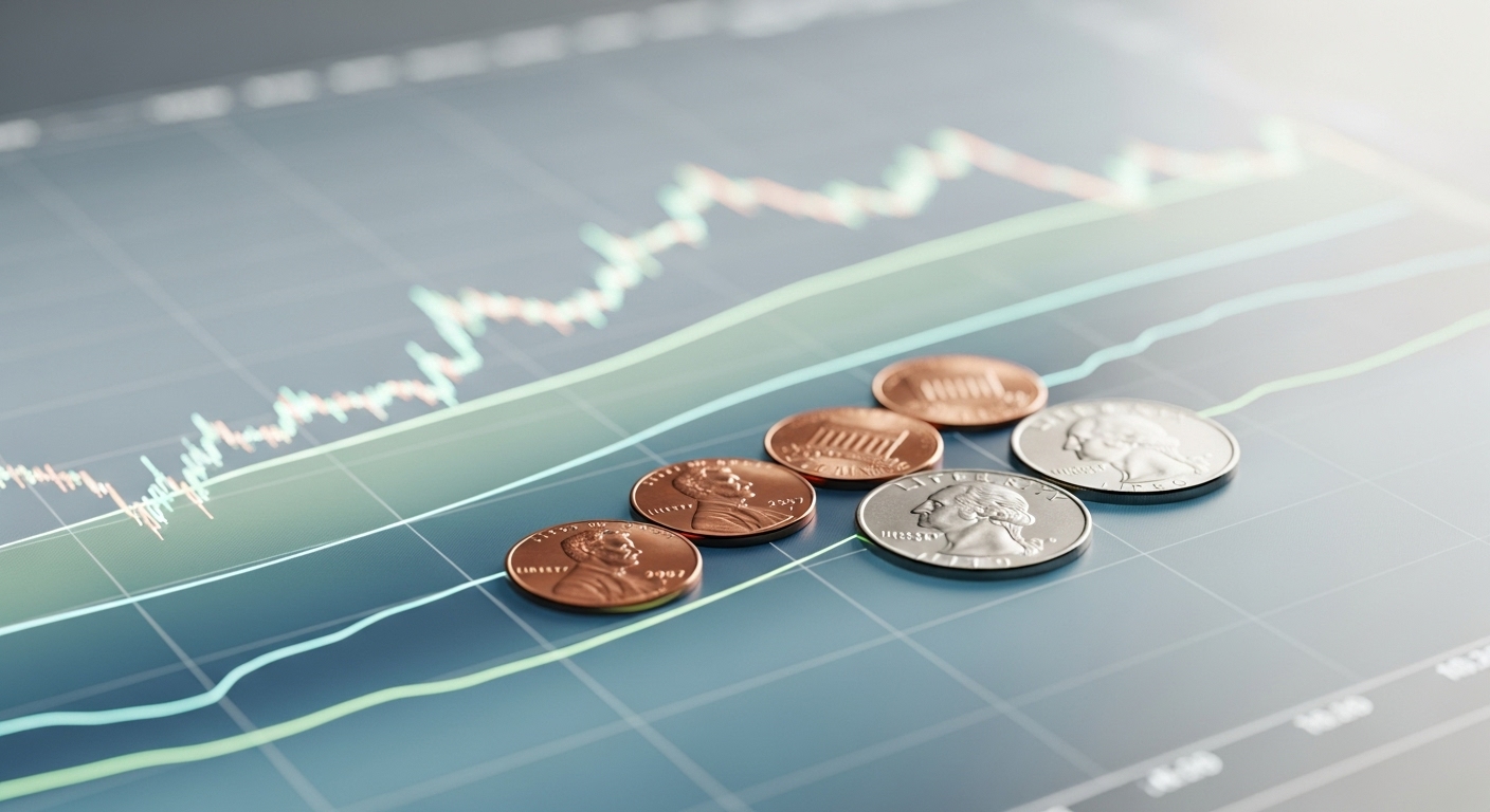 안정적인 환율 차트와 그 위에 놓인 달러 동전