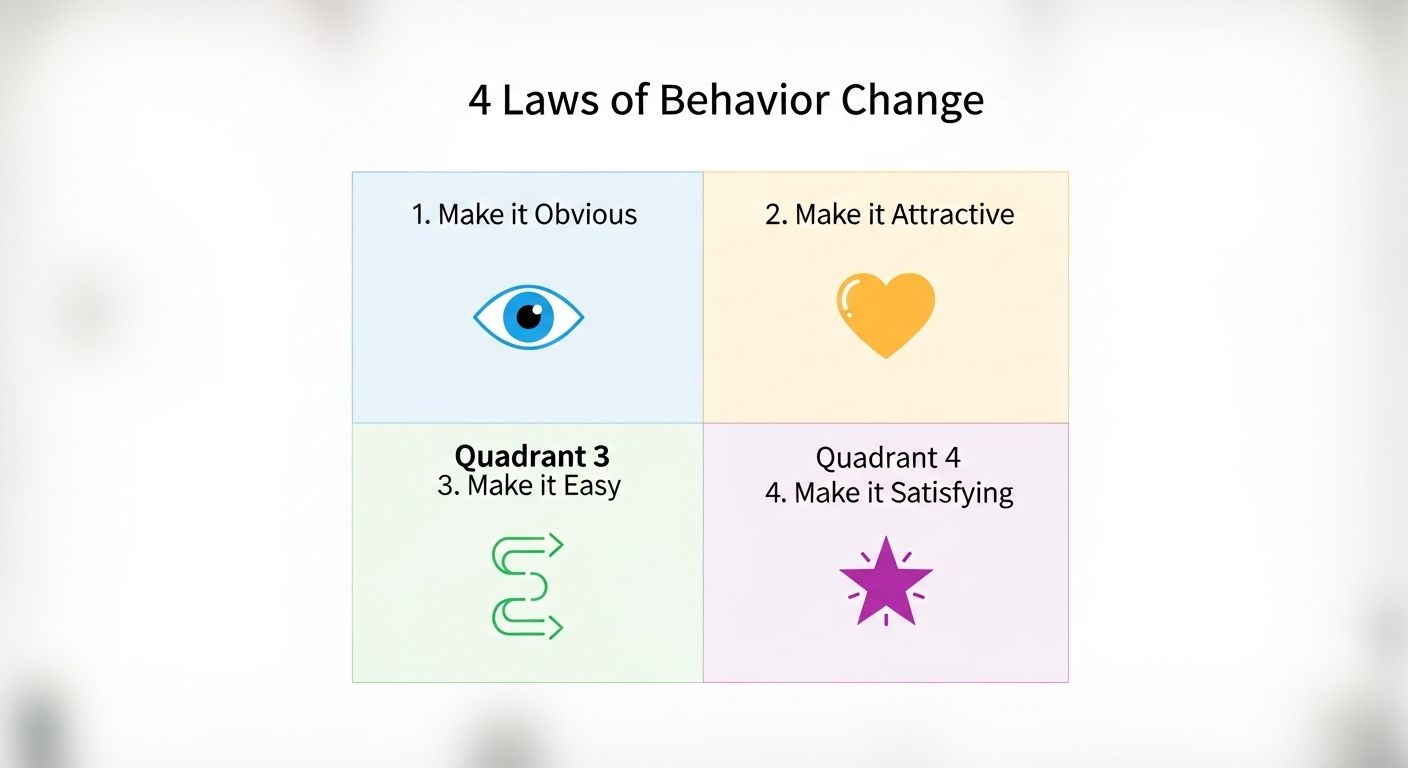 습관 형성 4가지 법칙인 '분명하게, 매력적으로, 하기 쉽게, 만족스럽게'를 아이콘과 함께 시각적으로 표현한 다이어그램