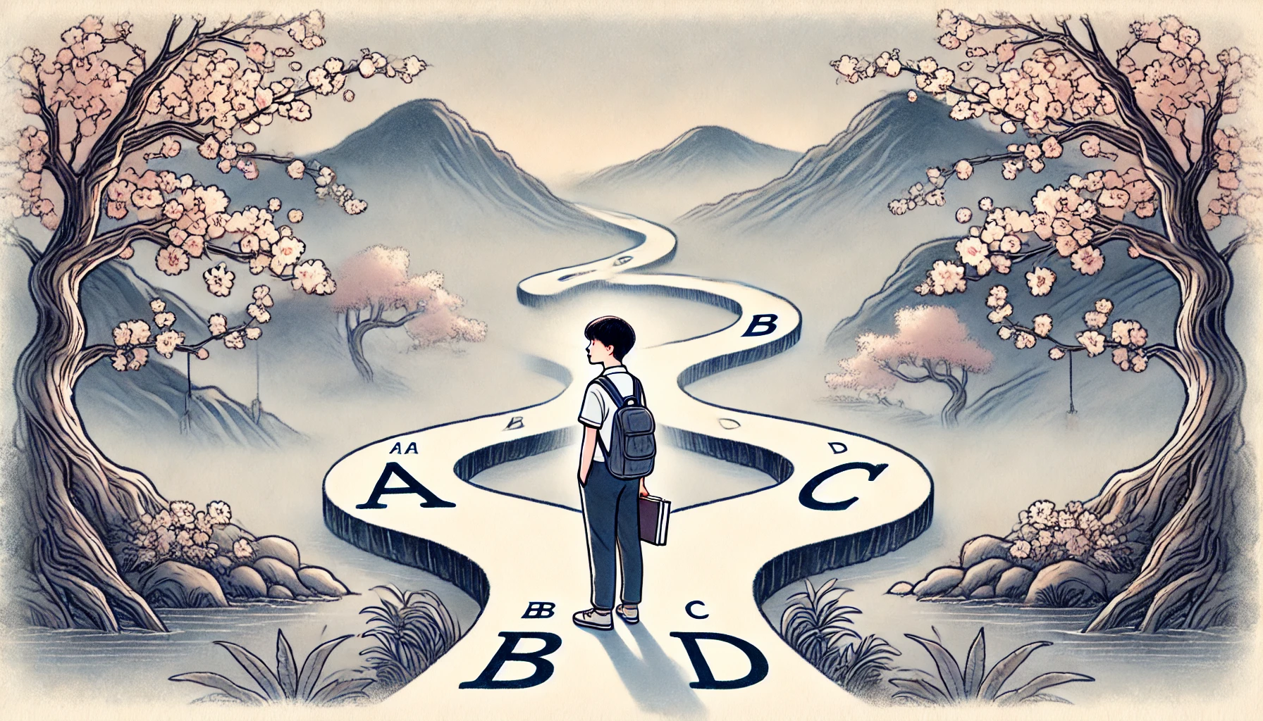 성취도별(A, B, C, D) 갈림길 앞에 선 학생의 모습