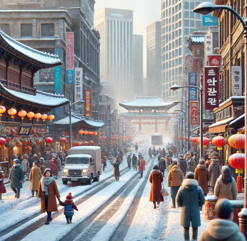 눈쌓인 도로위에 많은 사람들이 걷고 있는 모습