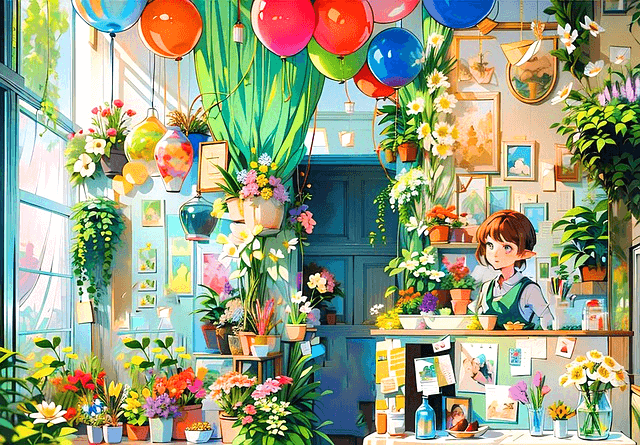 아름다운 꽃과 식물들이 가득한 가게에 젊은 여성이 카운터에 서 있다 창가엔 발간색 주황색 하늘색 풍선들이 매달렸다.