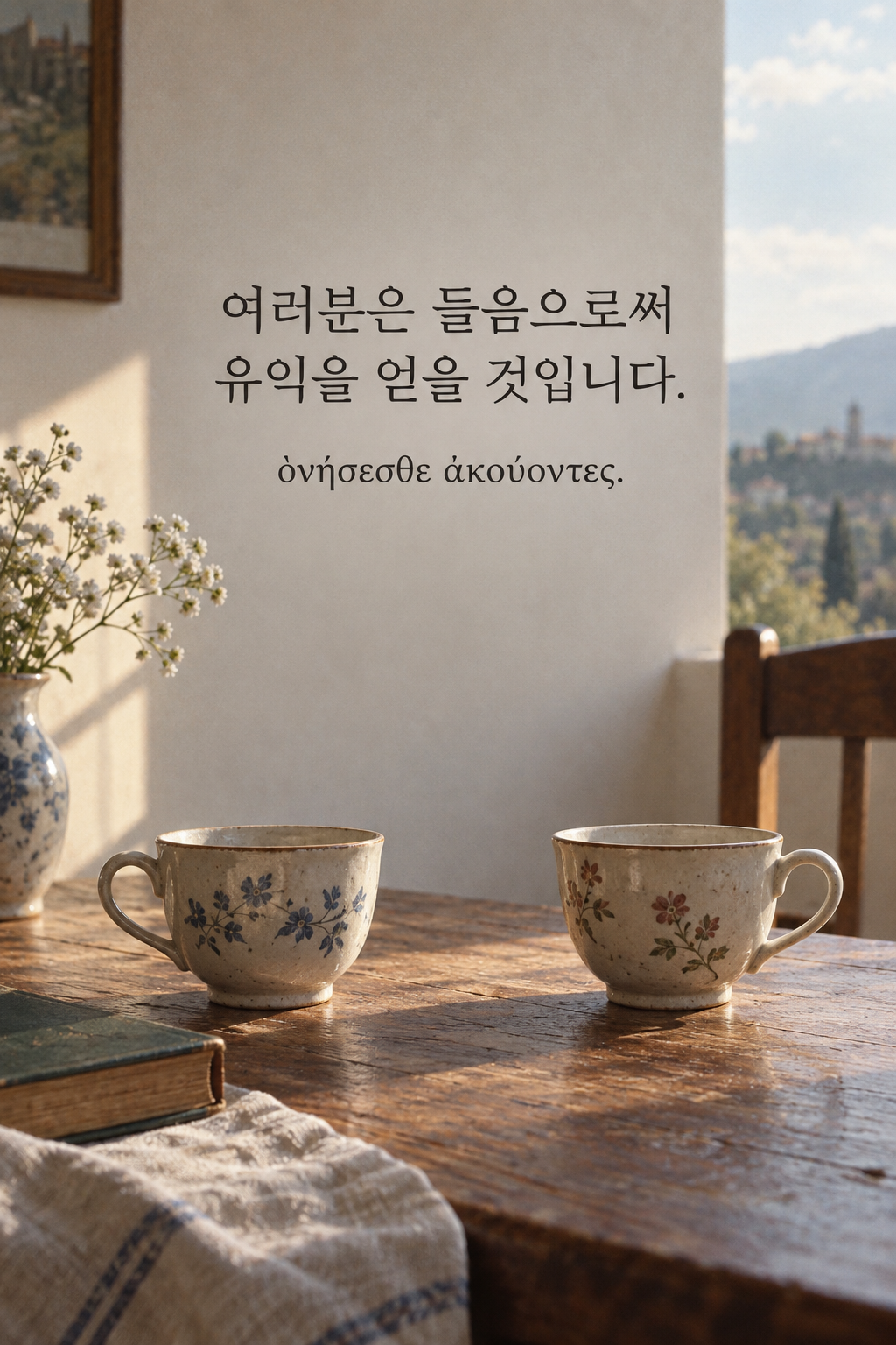 소크라테스 명언 10 &mdash; 여러분은 들음으로써 유익을 얻을 것입니다. &mdash; 마주 놓인 두 개의 빈 찻잔