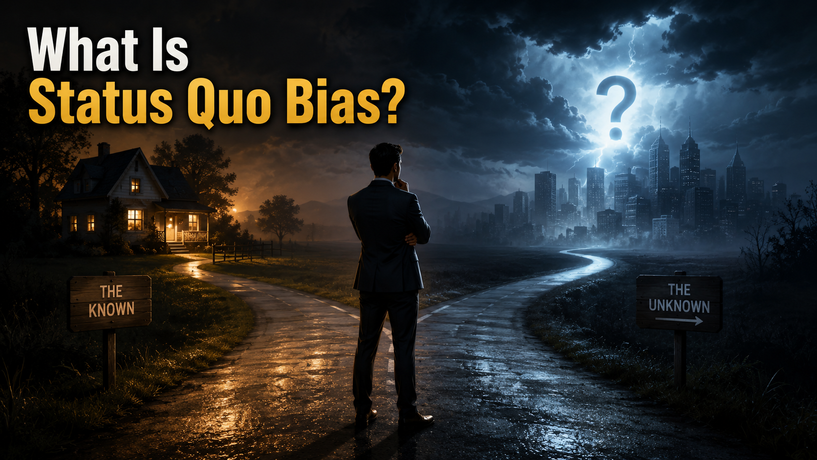 A businessman stands at a crossroads between a familiar path and an uncertain future, representing Status Quo Bias in investing.