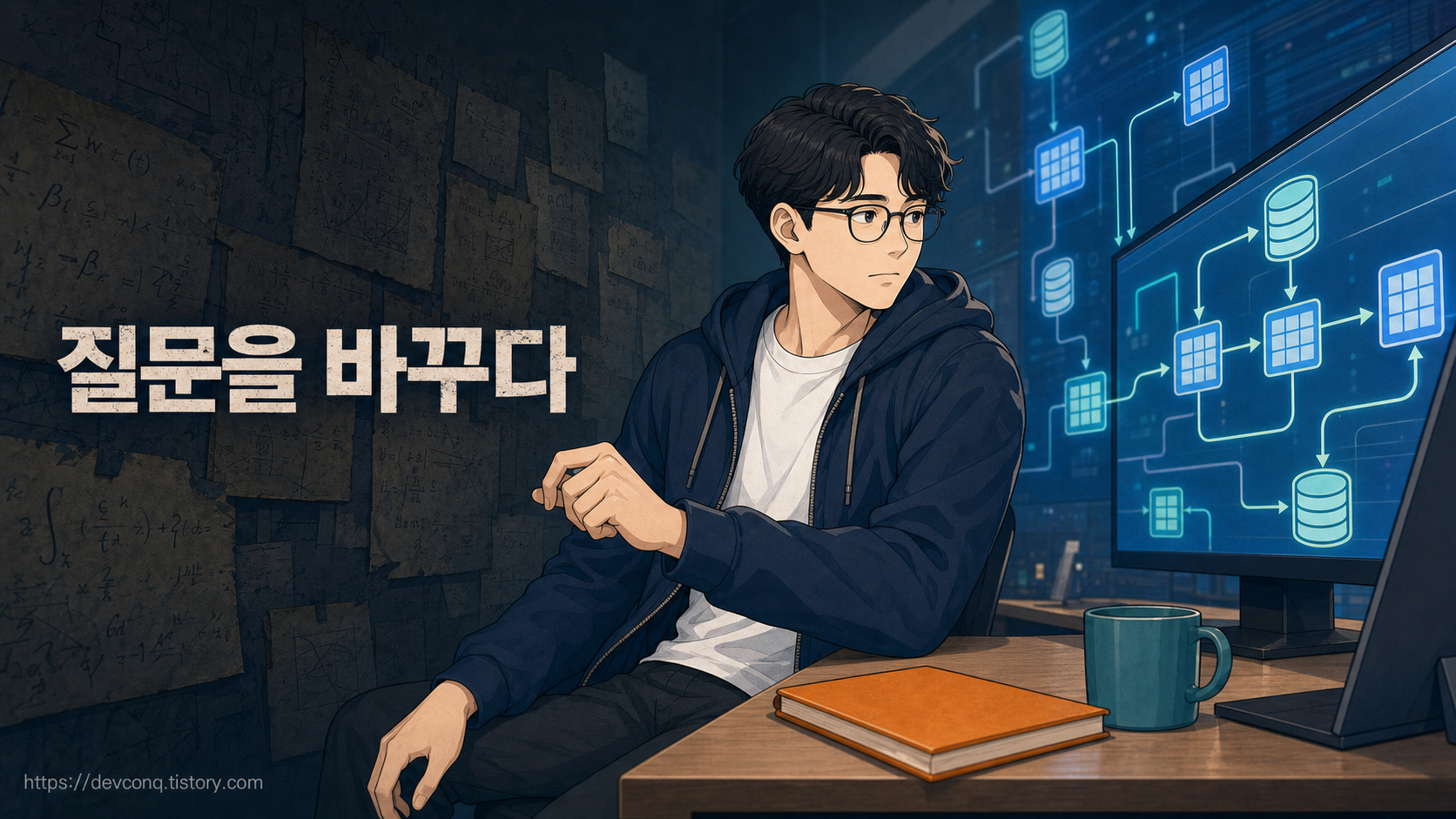 과거 공식이 적힌 메모를 접고 실행 중인 DB 흐름으로 시선을 옮긴 고정 2D 남성 개발자