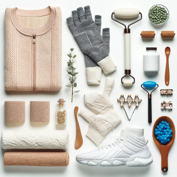 손발 혈액순환을 위한 건강용품이 정리된 플랫레이 스튜디오 사진