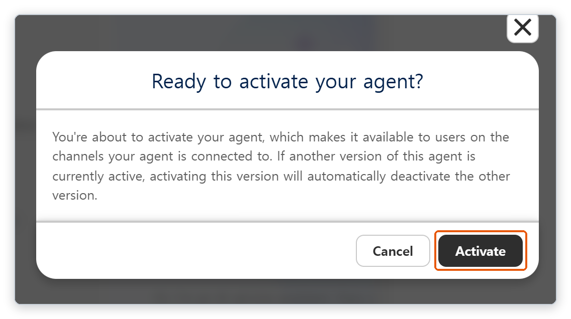 Ready to activate your agent? 창에서 Activate 단추가 강조되어 있다