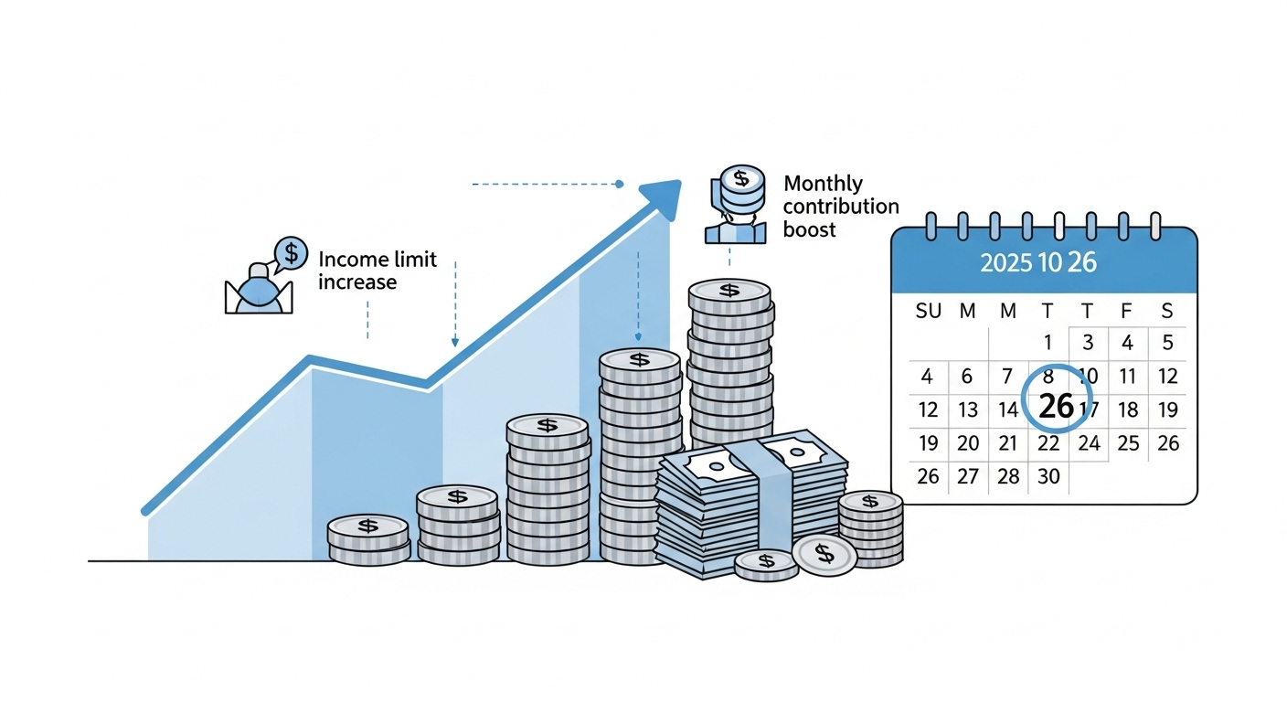 소득 기준 상향과 월 납입 한도 증액을 나타내는 금융 성장 인포그래픽