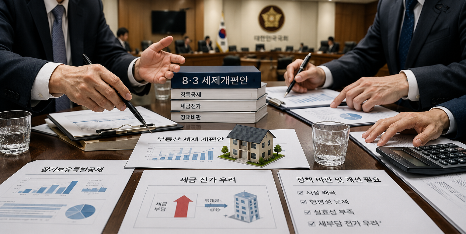 국회 회의실에서 국회의원들이 부동산 세제개편안 자료와 주택 모형, 세금 관련 그래프를 검토하며 정책을 논의하는 모습