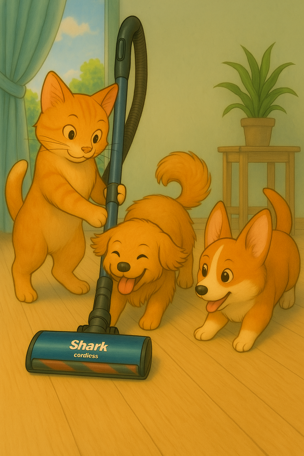 청소하는 고양이 강아지 일러스트 사진