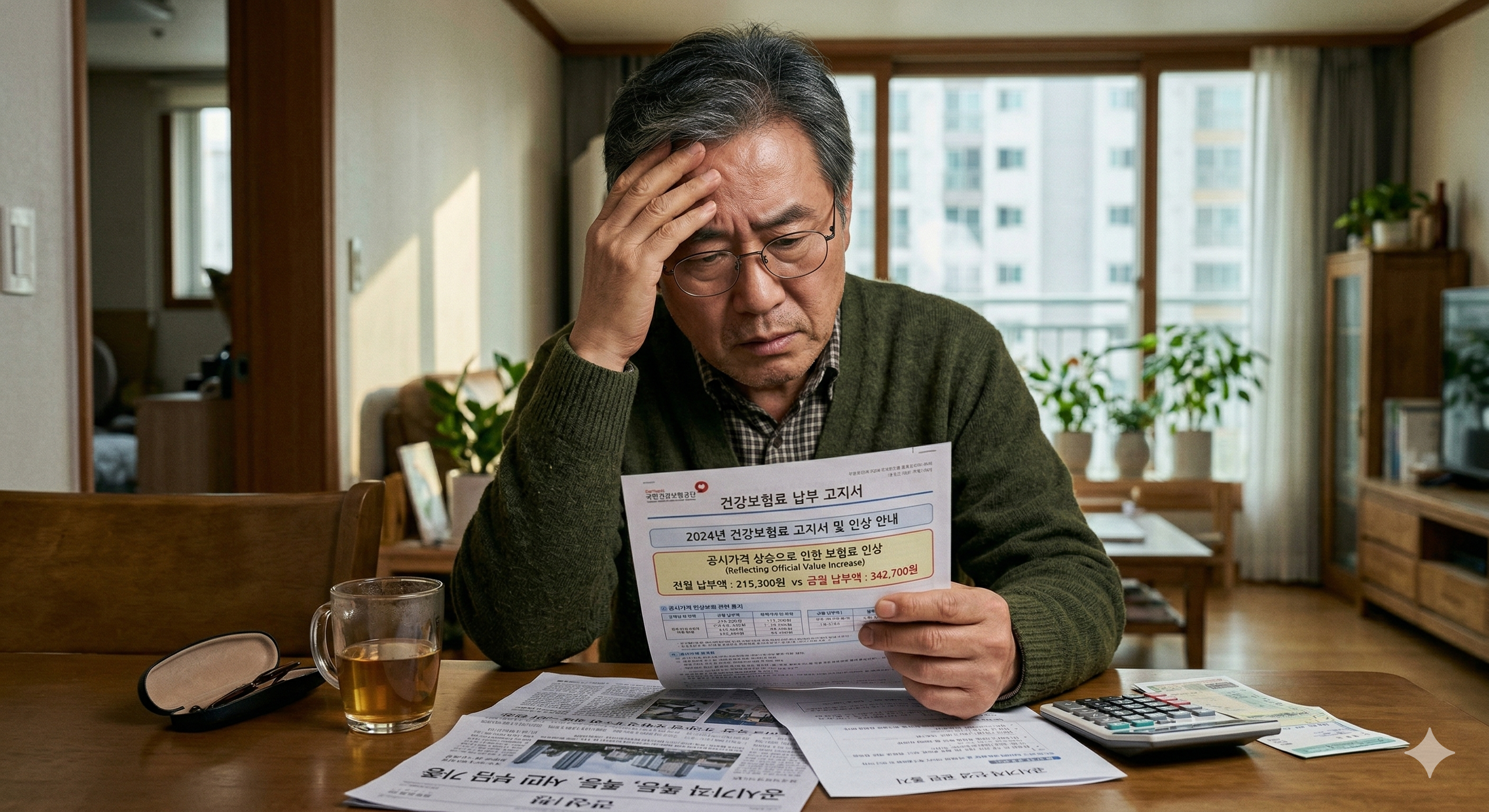 공시가격 상승으로 인해 인상된 건강보험료 고지서를 보며 걱정하는 모습