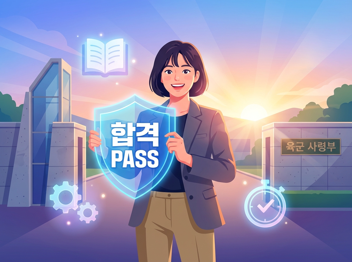 A triumphant young female civil servant holding a glowing 'PASS' shield in front of a military base entrance, surrounded by study icons.