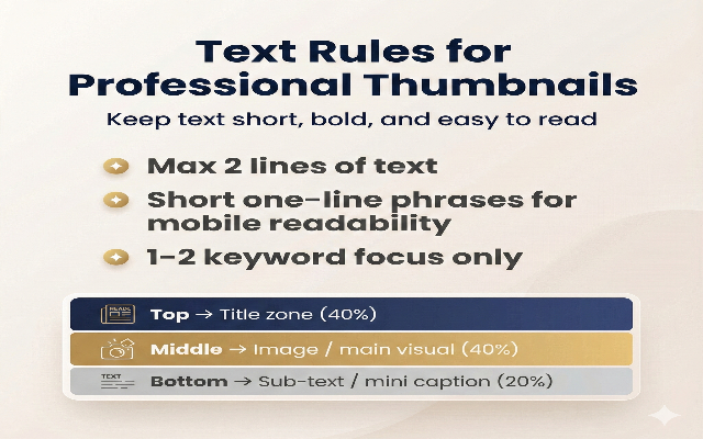 전문적인 썸네일을 위한 텍스트 규칙을 정리한 안내 이미지. 텍스트는 최대 두 줄, 짧고 굵게, 핵심 키워드 중심으로 작성해야 한다는 원칙을 담고 있음.