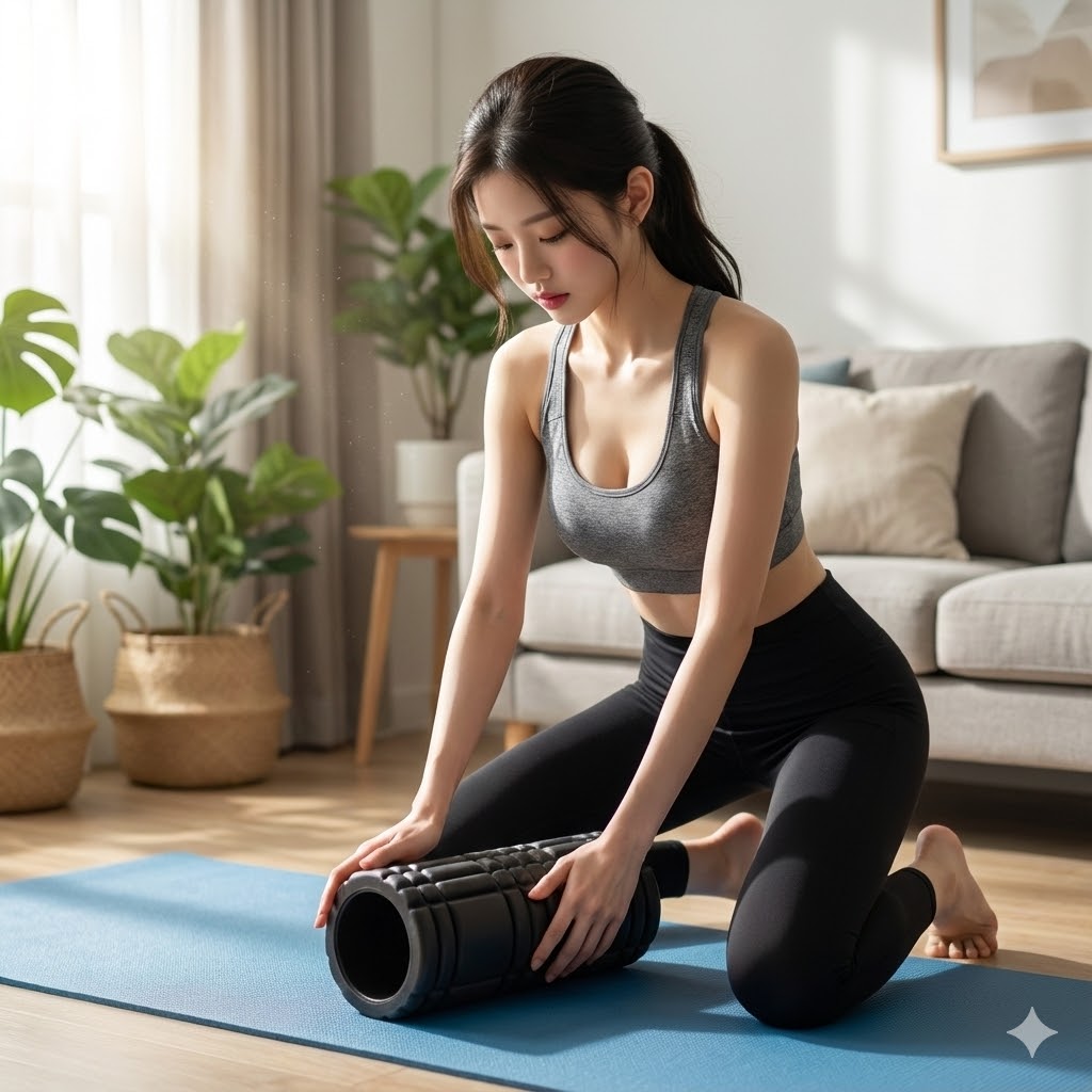 허벅지 안쪽을 마사지 하는 여성 사진