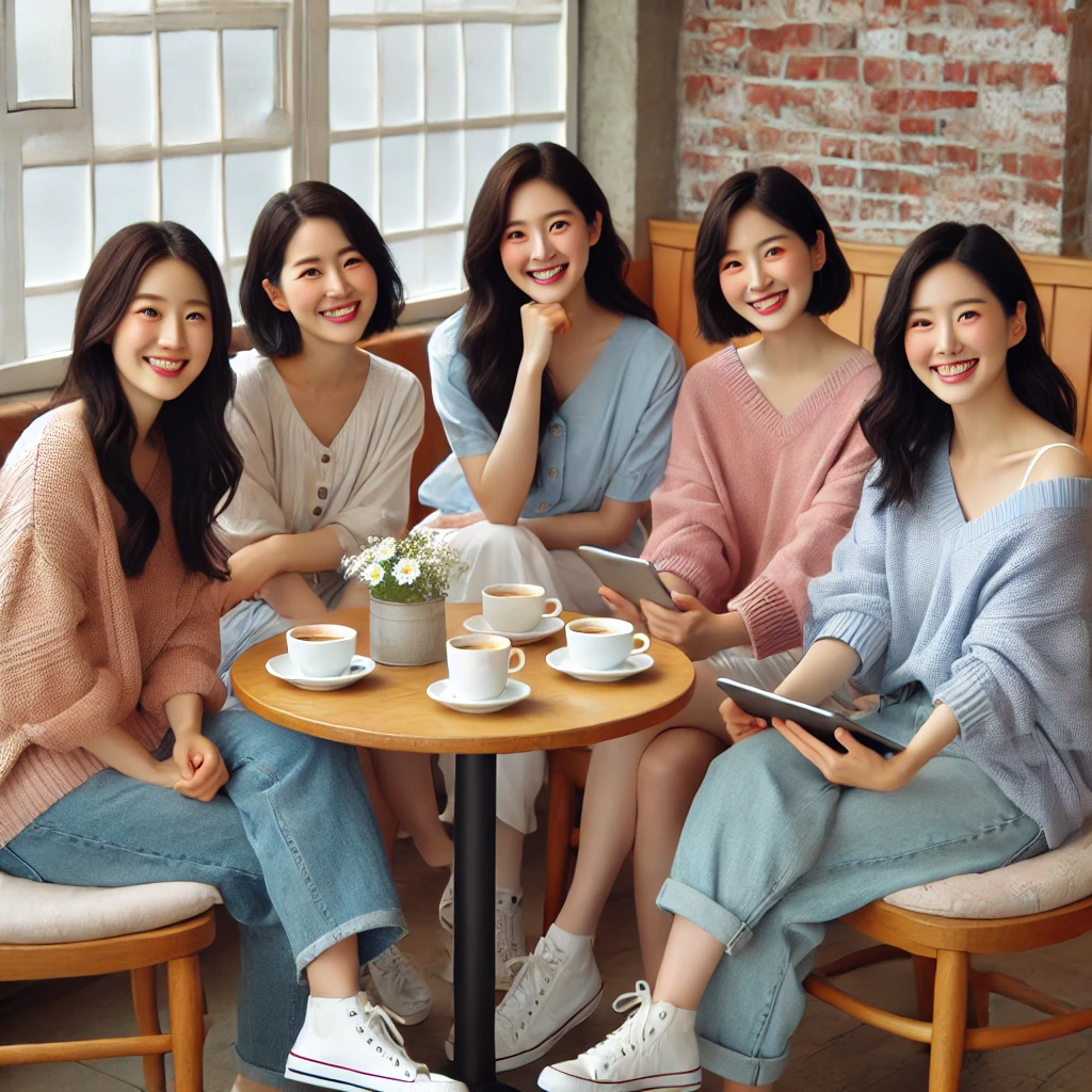 엄마들이 함께 모여 언어 발달 경험담을 나누며 밝게 웃는 모습