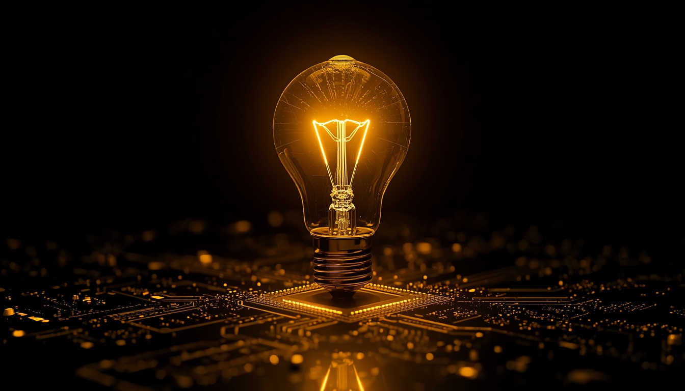 A glowing golden light bulb floating over a high-tech digital motherboard, symbolizing investment insights and strategy.