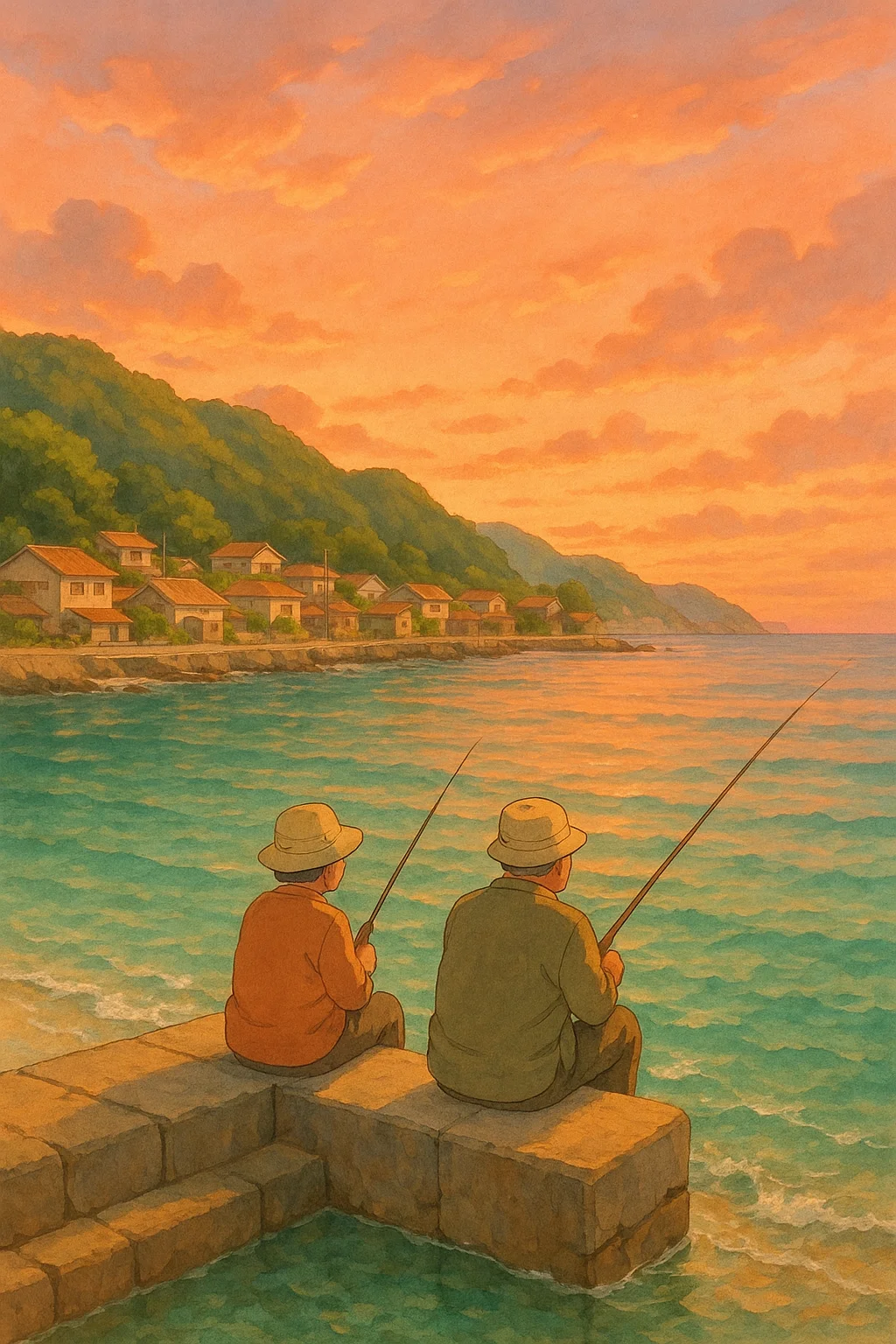 잔잔하고 투명한 에메랄드빛 바다가 펼쳐진 한국의 작은 어촌 마을을 지브리 스타일로 표현