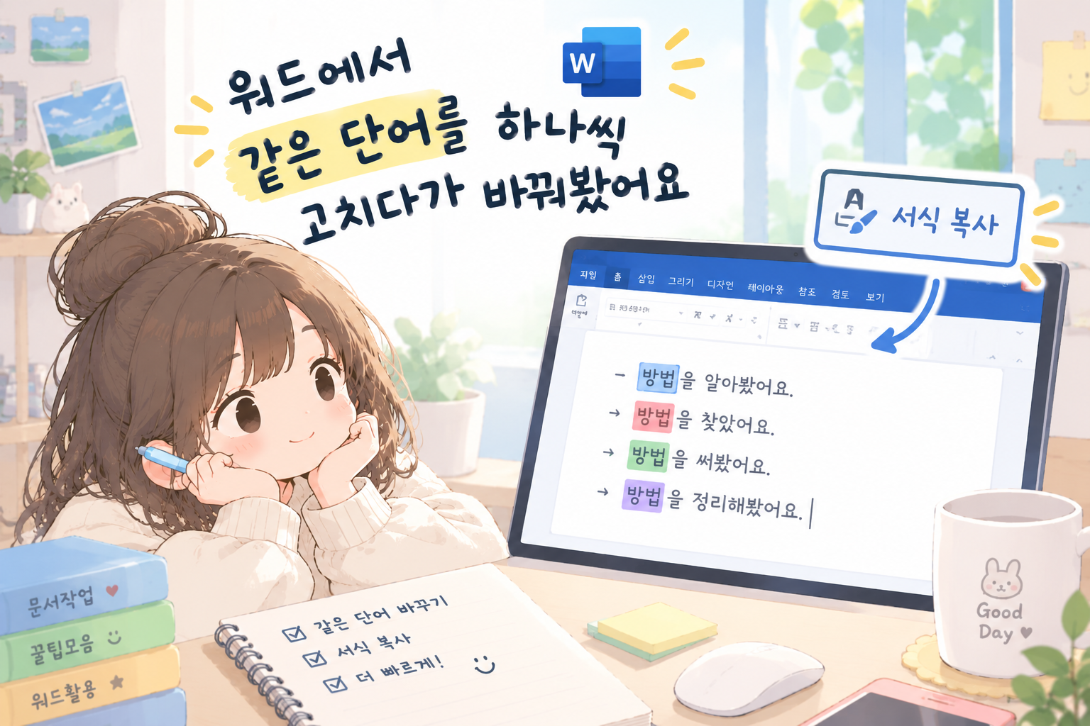 워드에서 같은 단어를 하나씩 고치다가 바꿔봤어요