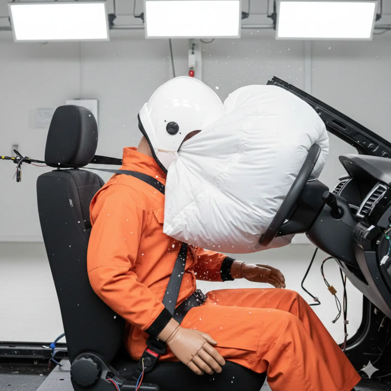 대각선 안전벨트와 에어백이 충돌 순간 사람의 몸과 머리를 각각 제어하는 구조