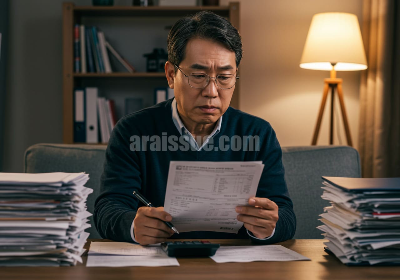 한국 중년 남성이 퇴직 후 자택 거실에서 건강보험 고지서를 보고 걱정스러운 표정으로 계산기를 들고 있는 장면. 주변에는 부동산 관련 문서와 건강보험서류가 놓여 있으며, 실생활 배경이 가득한 이미지.