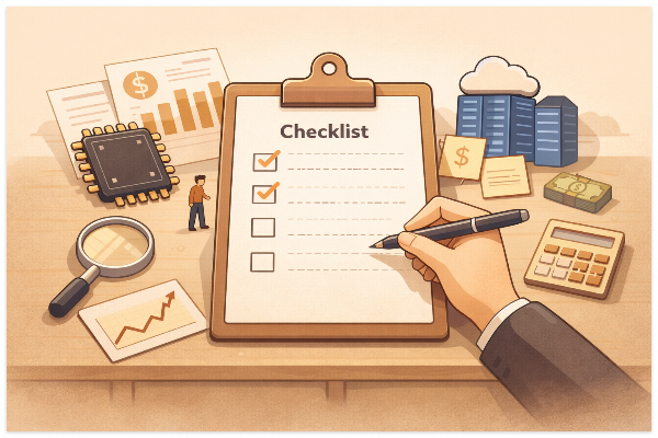 기술주 장세를 점검하는 실전 체크리스트를 표현한 투자 일러스트