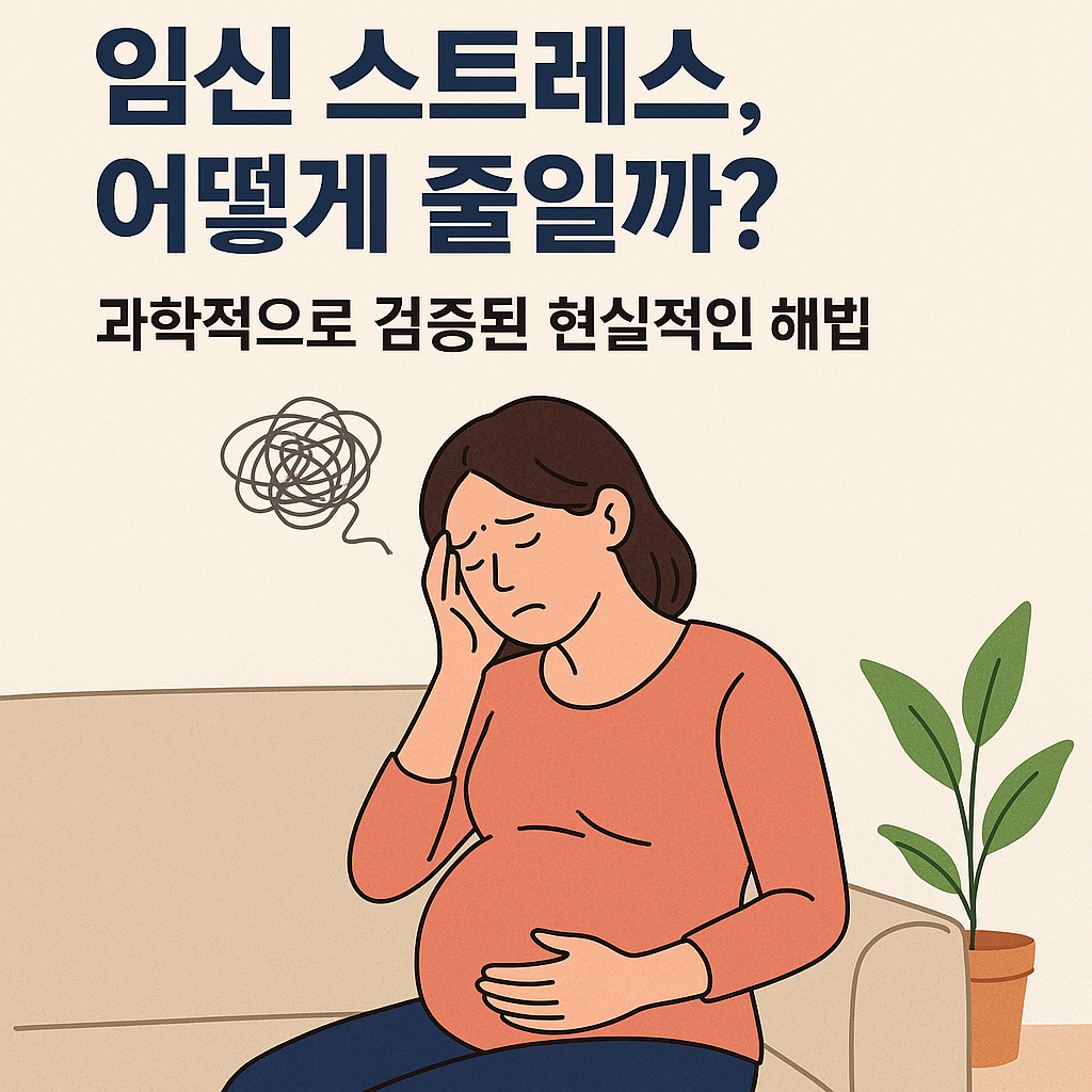 스트레스를 느끼는 임산부가 소파에 앉아 이마를 짚고 있으며, 머리 위에는 복잡한 선으로 표현된 고민의 이미지가 떠 있다.