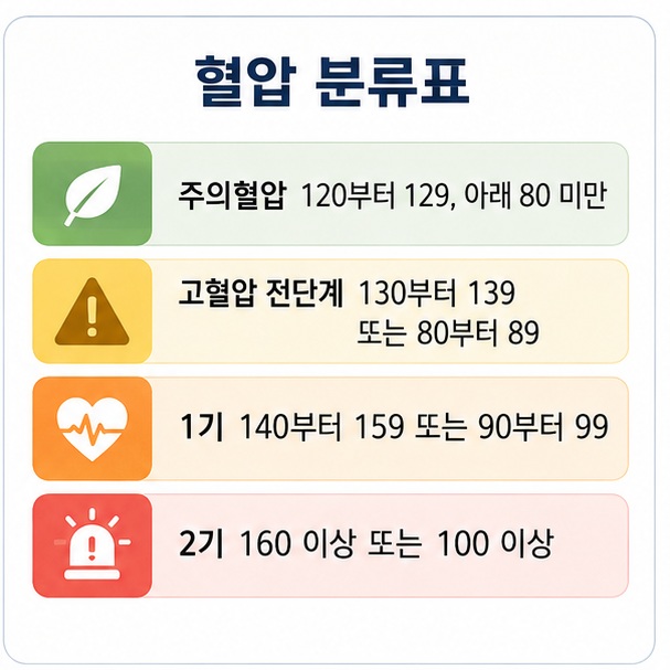 정상혈압과 주의혈압, 고혈압 전단계, 1기와 2기 고혈압의 수축기혈압과 이완기혈압 범위를 비교한 그림