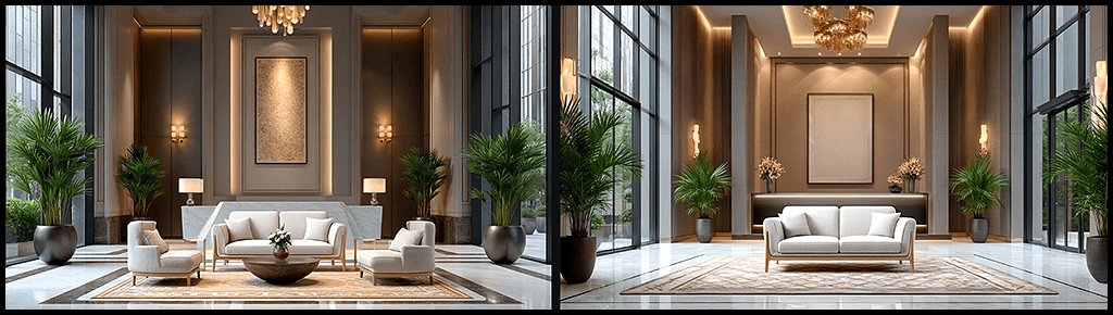 공간 연출, OREF로 고정된 쇼파가 놓인 웅장한 고급 호텔 로비, 유리벽과 대리석 바닥, 샹들리에가 있는 세련된 분위기 이미지_Midjourney