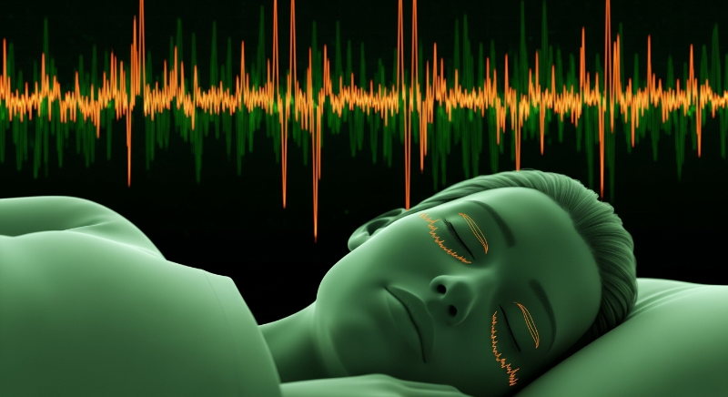 렘(REM) 수면의 특징을 시각적으로 나타낸 이미지. 잠든 사람의 눈꺼풀 아래로 안구 움직임이 보이고, 활발한 뇌파 패턴이 함께 표시되어 꿈을 꾸는 단계의 역설적인 뇌 활동을 표현합니다.