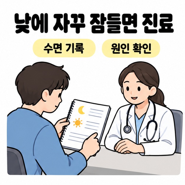 낮에 반복해서 잠드는 사람이 수면 기록을 의료진에게 보여주며 원인 확인을 위해 상담하는 장면