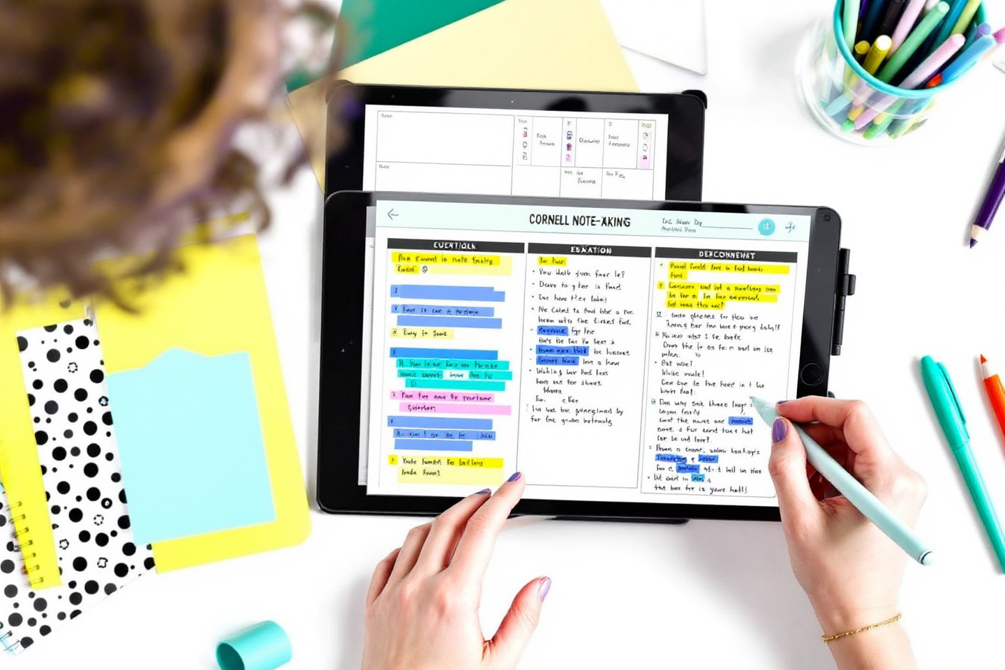 테블릿 PC에 영문으로 빼곡히 노트 필기에 노란색 파란색 분홍색등으로 형광펜이 그어져 있는 이미지