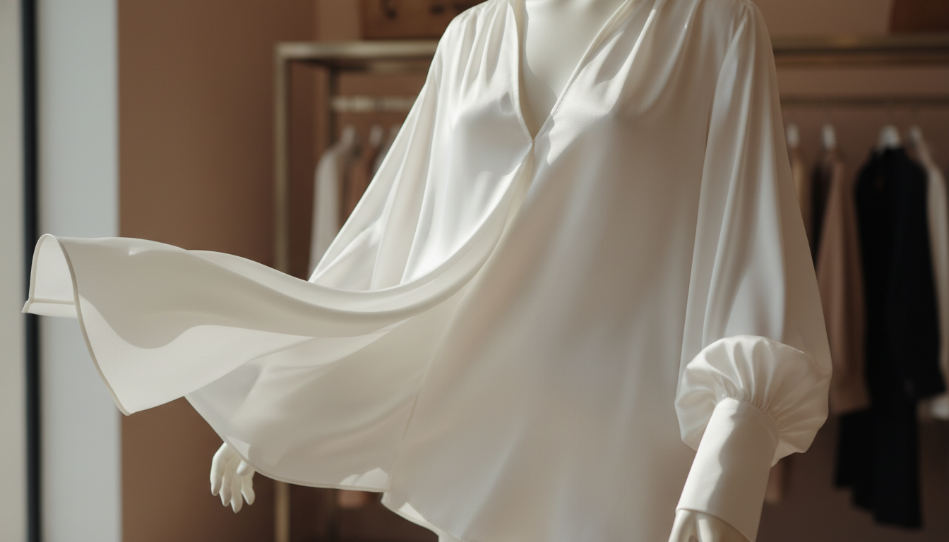 고급스러운 흰색 실크 블라우스의 질감과 우아한 소매 디테일 클로즈업