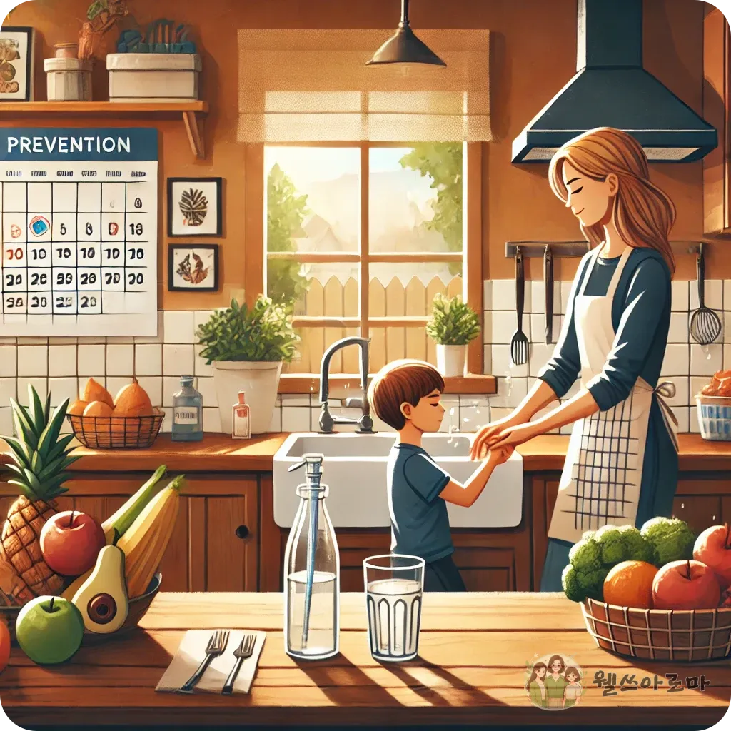 손씻고있는아이-엄마와함께-주방에서-신선한채소와과일그림