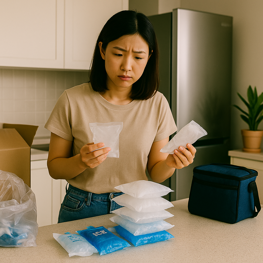 주방 한쪽에서 다양한 아이스팩을 정리하며 재활용 방법을 고민하는 여성. 아이스박스와 냉장고, 여러 개의 아이스팩이 함께 놓여 있음