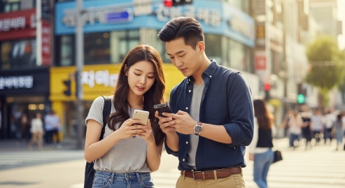 안전 알림 앱 확인하는 젊은 부부