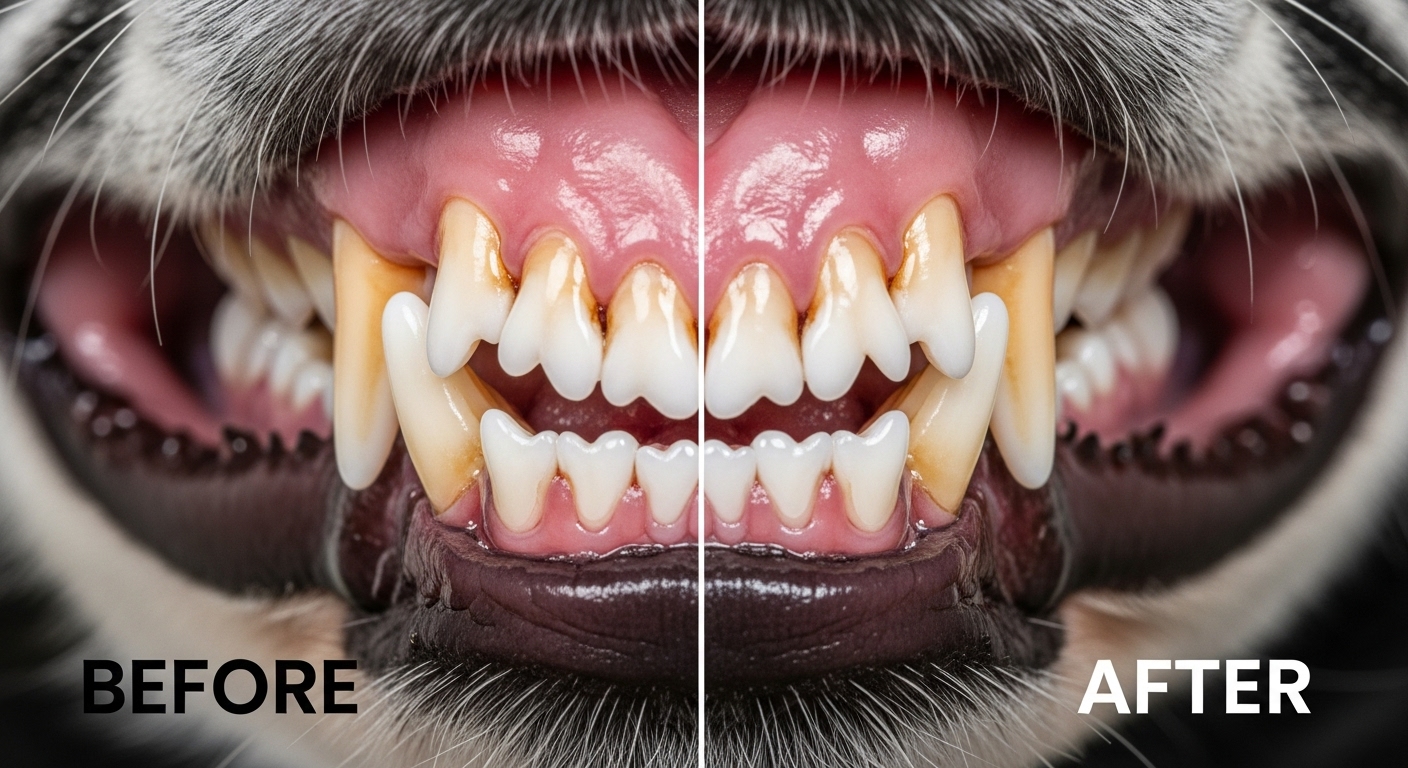 강아지 스케일링 전후 비교 사진. 왼쪽은 치석이 많은 치아, 오른쪽은 깨끗해진 치아.