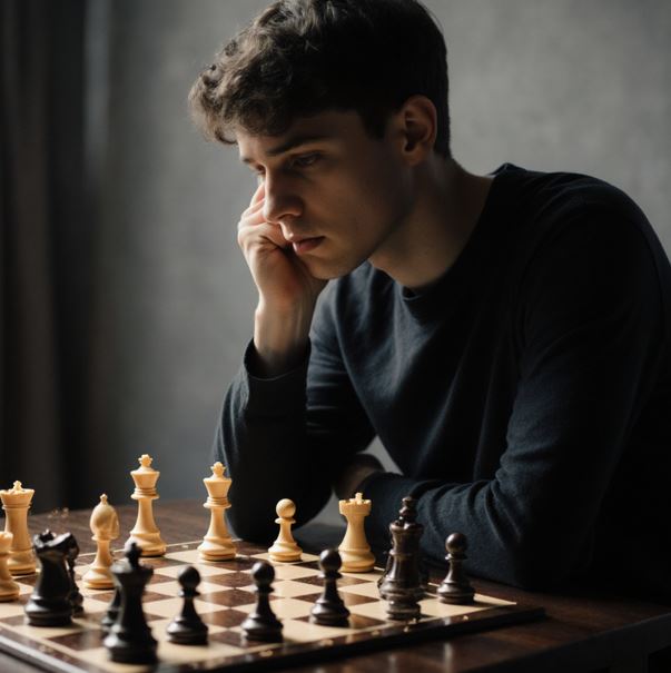 체스판 위에서 깊이 생각에 잠긴 사람의 모습으로 앞으로 일어날 일에 대해 몇 수를 미리 생각하는 사람을 상징적으로 표현함