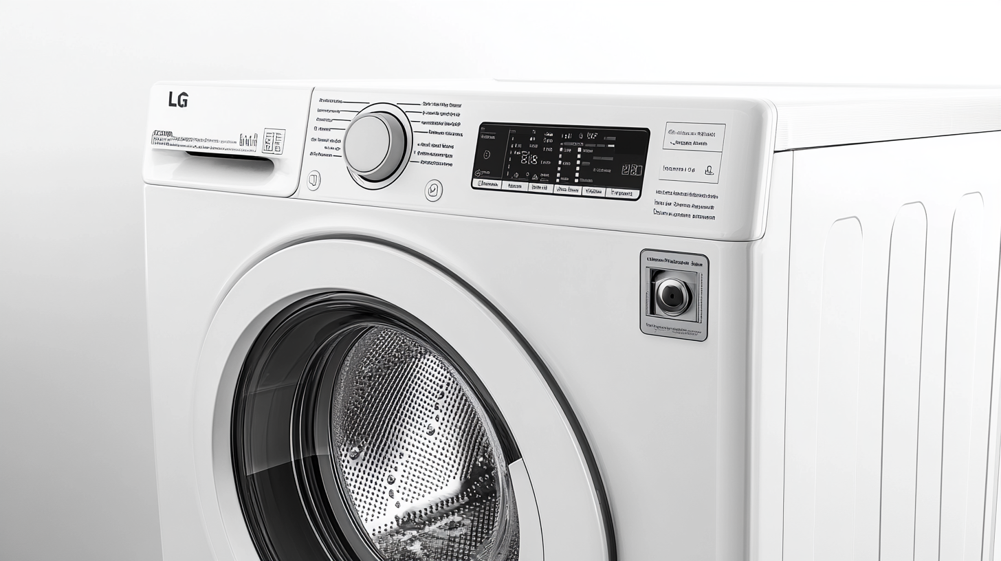 LG 트롬 오브제 세탁기와 건조기가 화이트 인테리어에 배치된 모습. 세련된 조작부 디테일과 제품의 고급스러운 디자인이 돋보입니다.