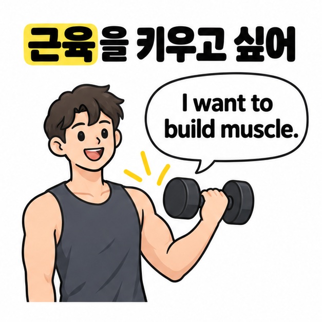 아령을 든 사람이 I want to build muscle이라는 문장으로 근육을 키우고 싶다는 목표를 말하는 그림