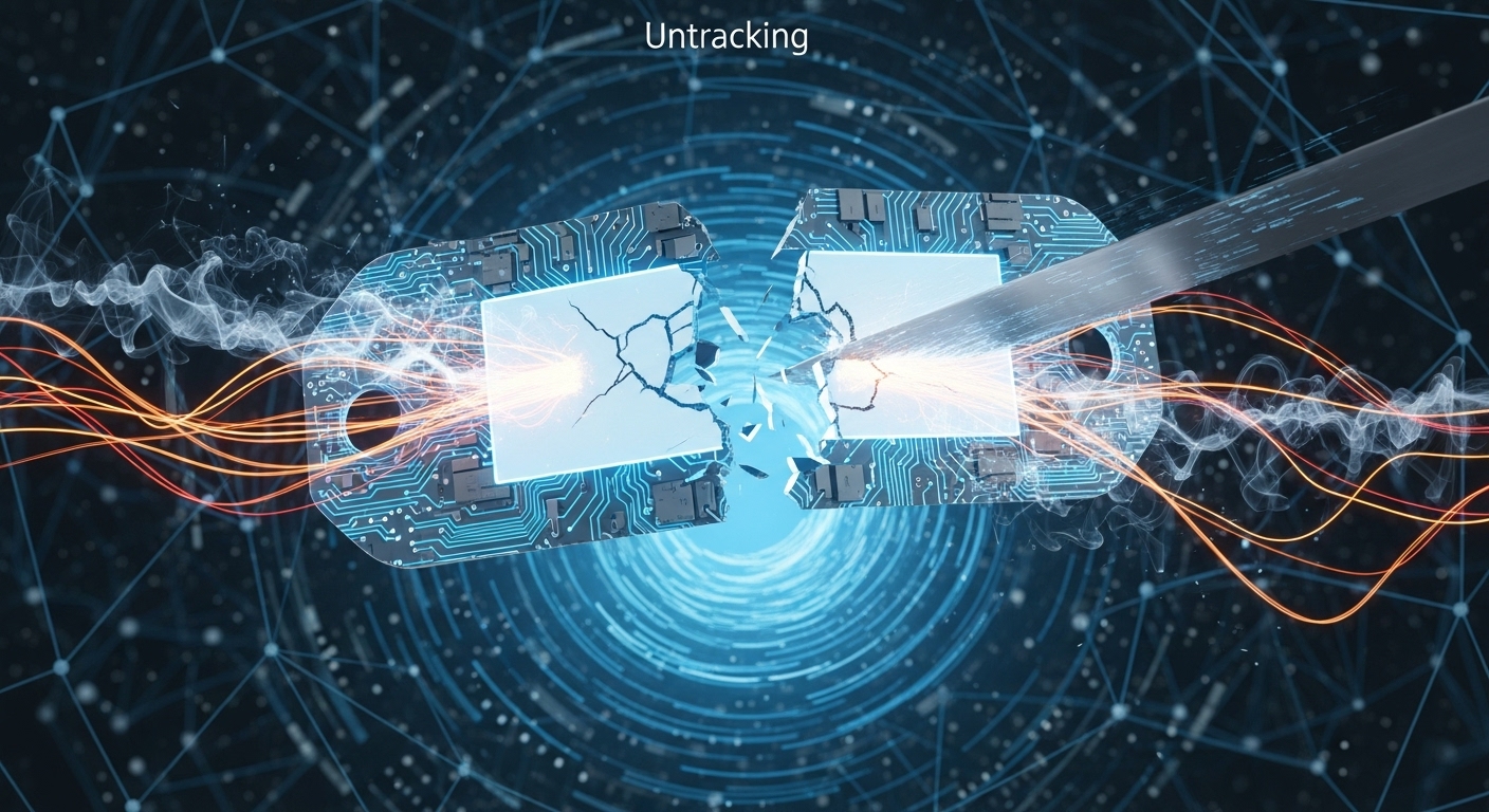 개인 맞춤형 광고를 위해 사용되던 디지털 광고 아이디(ID) 꼬리표가 잘려나가 추적에서 벗어나는 것을 상징하는 이미지.