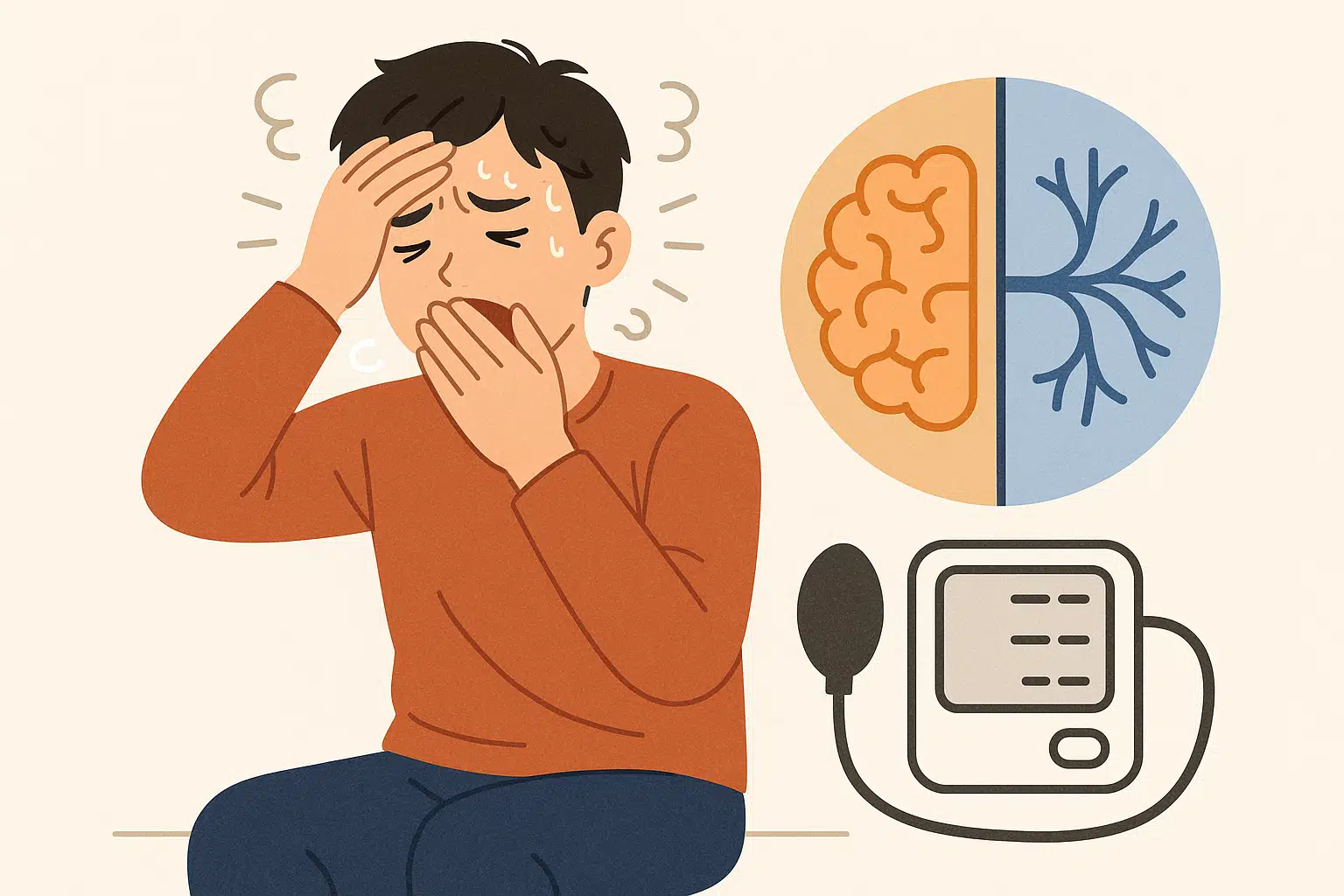 혈압계 아이콘과 함께 하품 직후 어지러워하는 사람