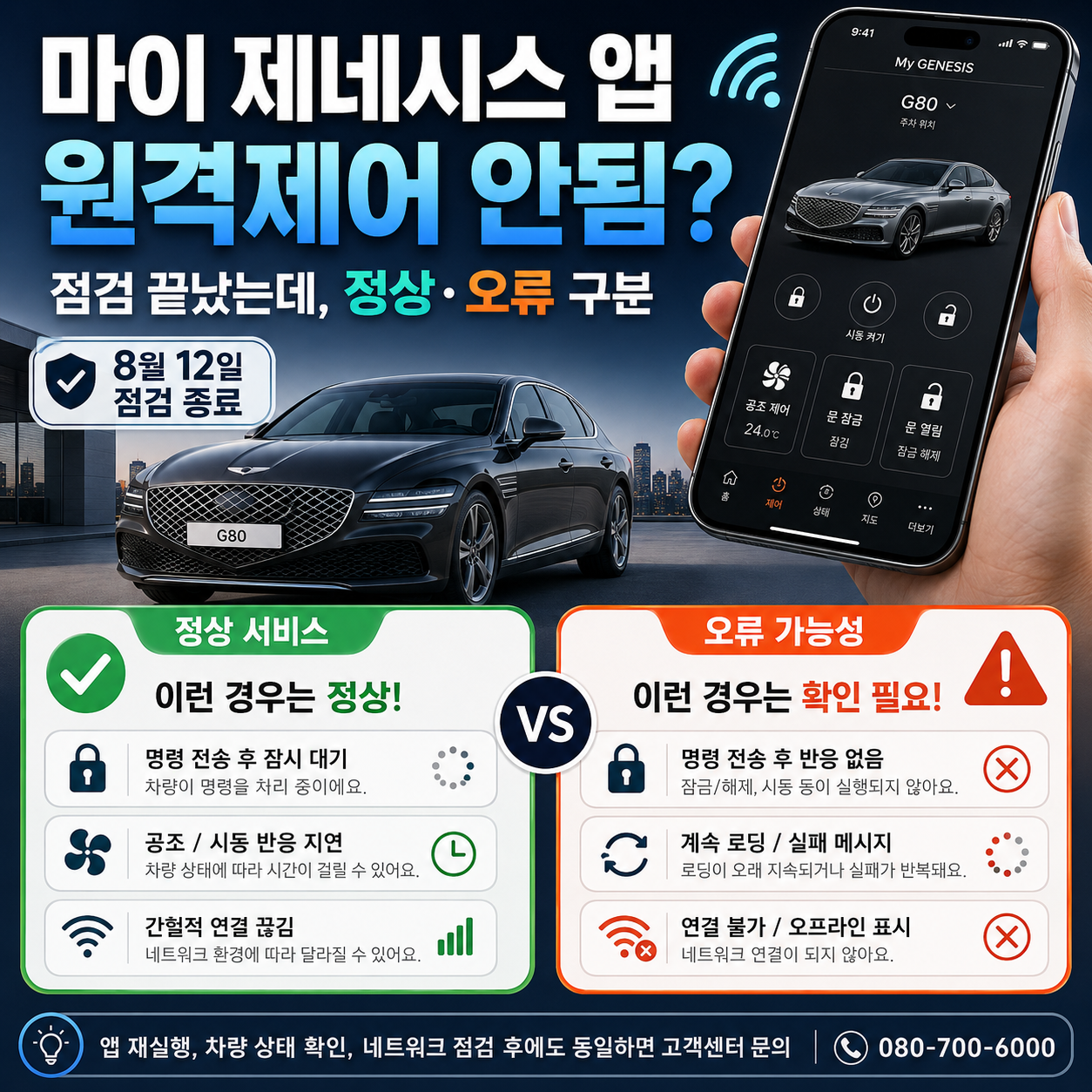 마이 제네시스 앱 원격제어 안됨, 8월 12일 점검은 끝났는데? 정상 서비스와 오류 구분