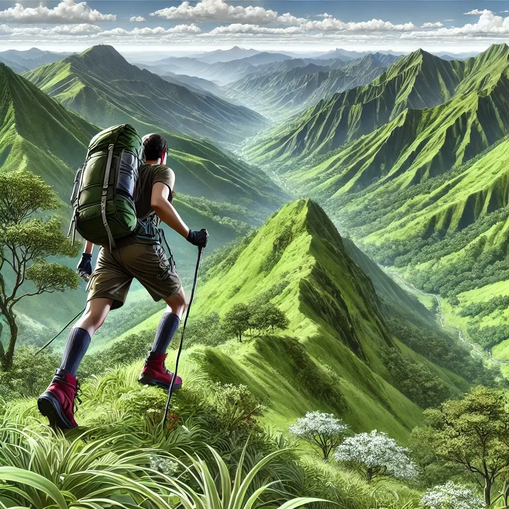 등산을 하는 남성의 모습 큰 백팩을 메고 등산용 스틱을 손에 쥐고 산을 오른느 모습이다 푸른 산의 모습이 배경으로 보인다.