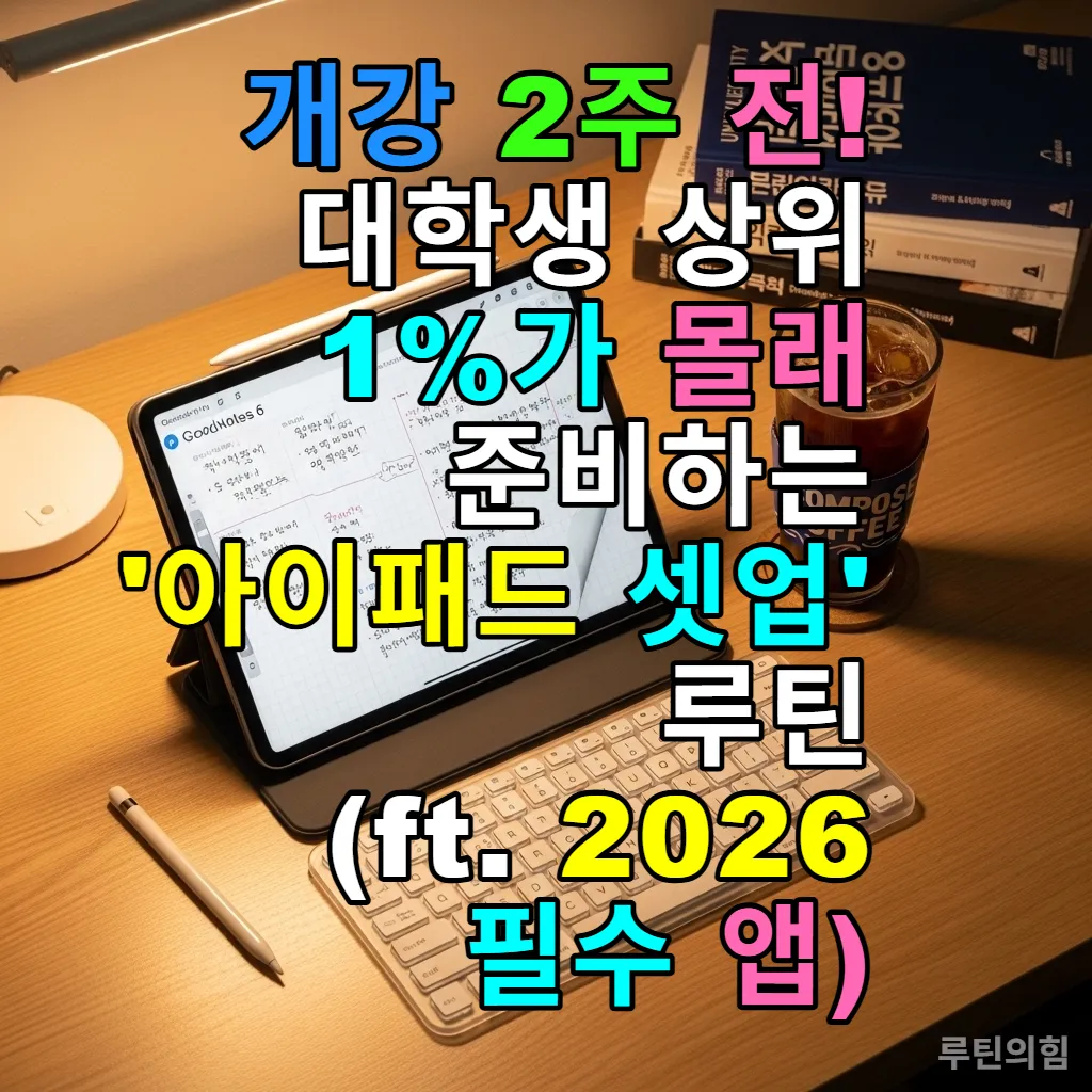 2026년 대학생 책상 위 아이패드 프로 셋업, 굿노트 다이어리 화면과 아이스 아메리카노가 놓여 있는 모습