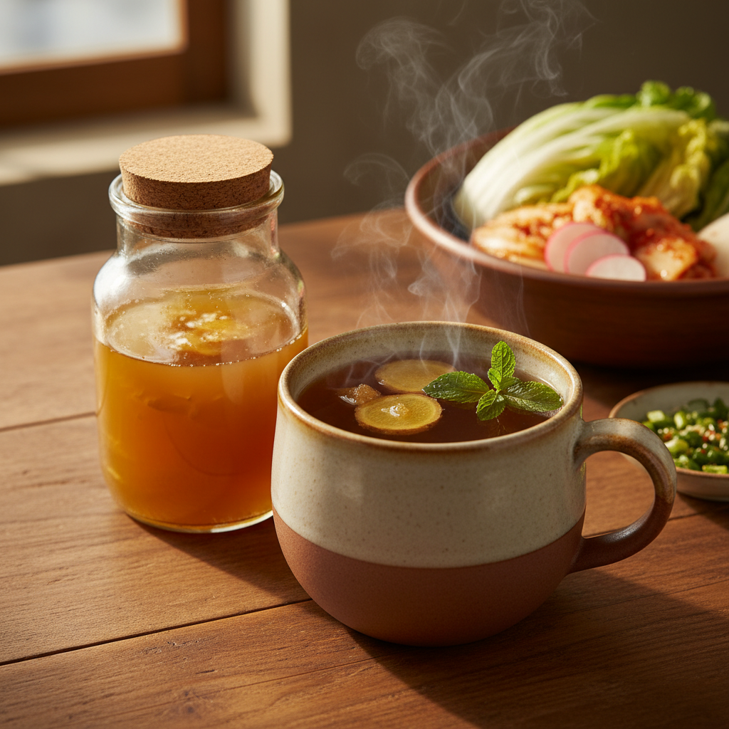 김대석 셰프표 생강청, 원당과 함께 갈아 용기에 담는 모습