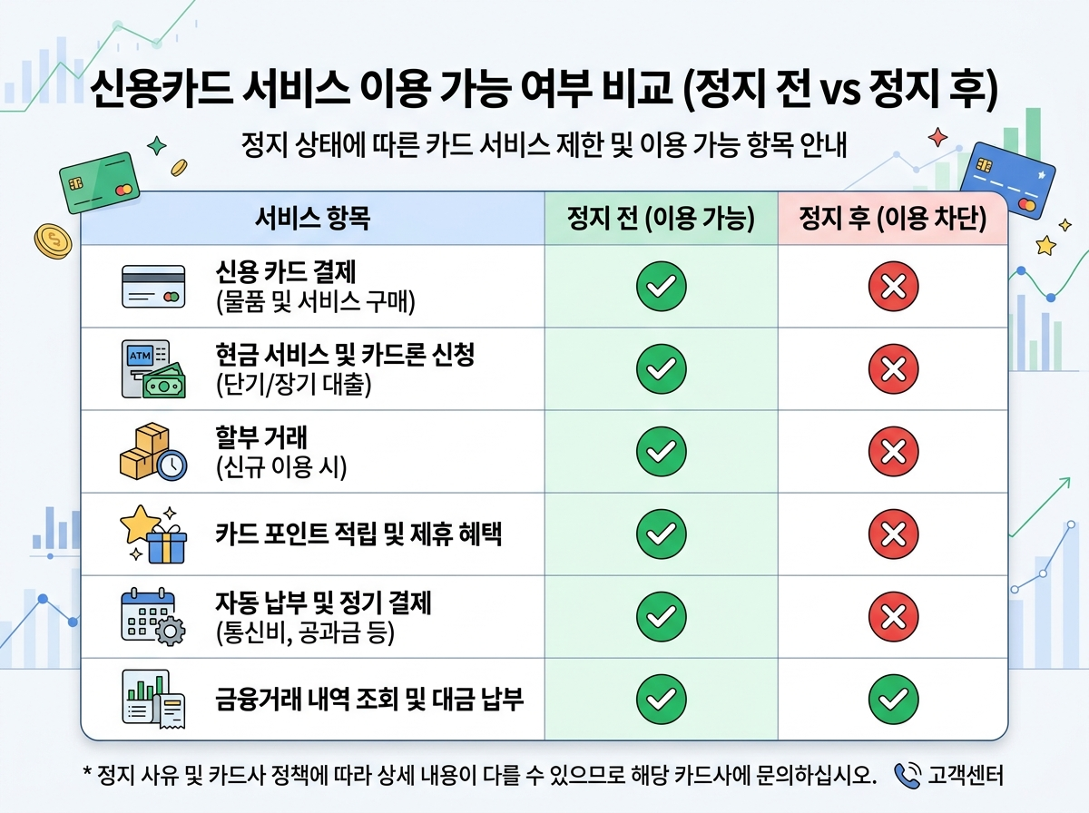영업정지 전후 카드 서비스 가능 여부 비교