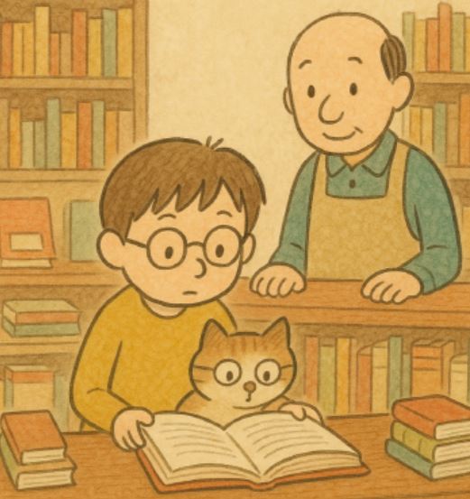 목재 테이블 앞에 앉은 안경을 쓴 소년이 큼직한 책을 펼쳐 들고 진지하게 읽고 있고, 책 앞에는 귀여운 고양이도 함께 고개를 내밀어 책을 바라보는 장면